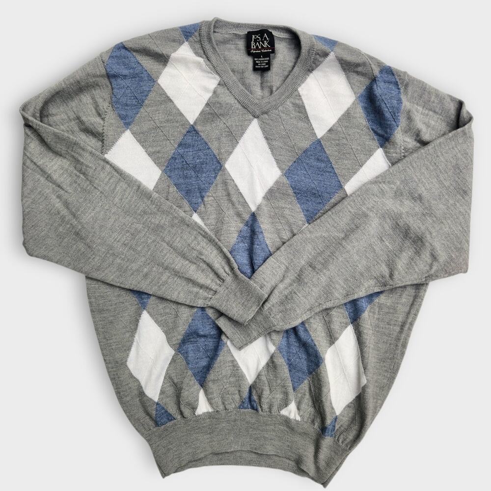 Jos. A. Bank Sweater Mens L Signature Collection Blue Gray Argyle Stretch Preppy